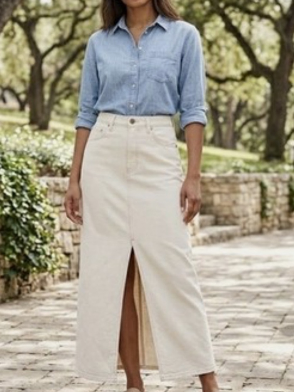 Oat New York Cream Maxi Denim Skirt with Center Front Slit